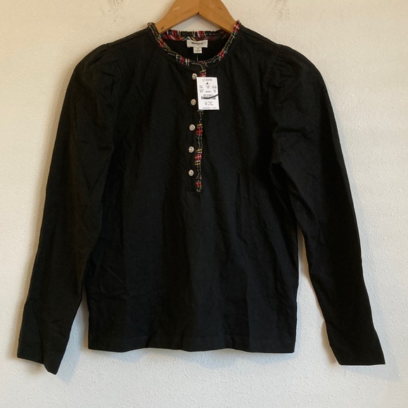 J. Crew Tops - J.Crew Long-sleeve tartan and jewels henley Black Top with Plaid Trim XS